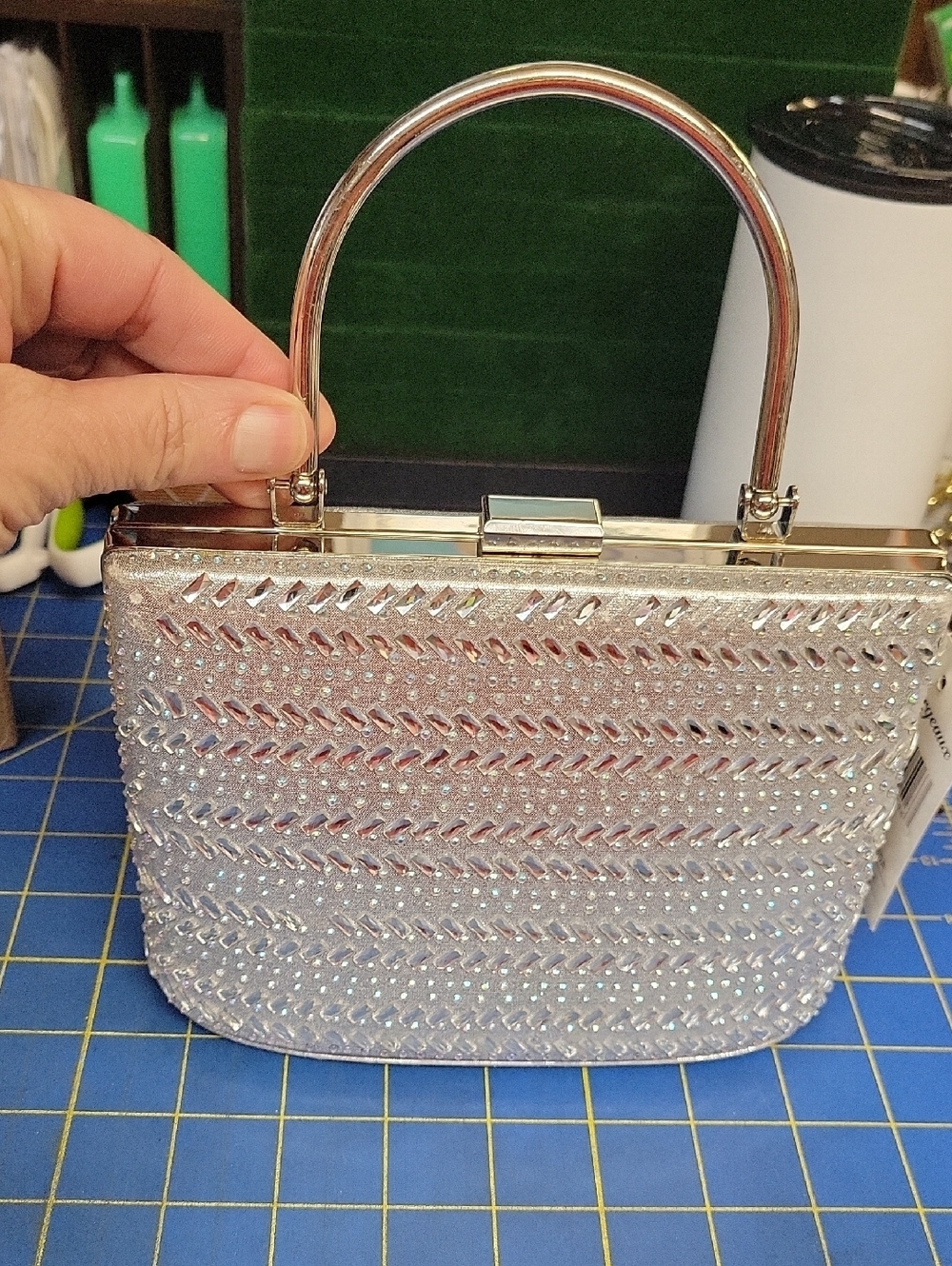 Silver Crystal-Embellished Women’s Top-Handle Bag 7x3.5x5 NWT